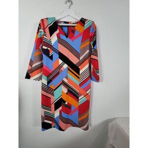 Wesleerose Colorful Geometric Print Long-Sleeve V-Neck Shift Dress Large Stretch